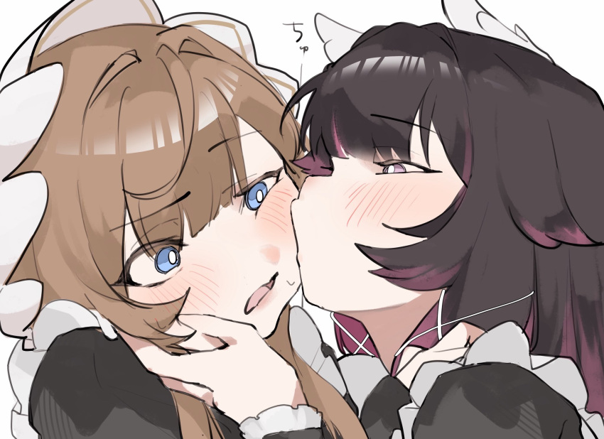 2girls, apron, black_dress, black_hair, blue_eyes, blush, brown_hair, columbina_(genshin_impact)