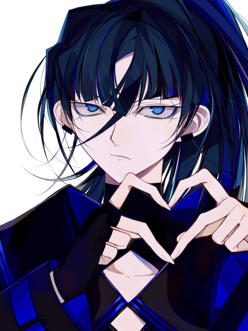 1girl, ado_(utaite), black_gloves, black_hair, blue_eyes, blue_hair, dmyfish, earclip