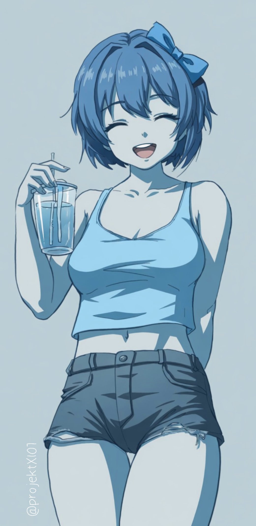 1girl, artist_name, blue_background, blue_theme, bow, breasts, closed_eyes, closed_mouth, cowboy_shot, cup, doki_doki_literature_club, drink, drinking_glass, drinking_straw, hair_bow, highres, holding, holding_drink, jason_viera, medium_breasts, midriff, monochrome, navel, open_mouth, sayori_(doki_doki_literature_club), short_hair, short_shorts, shorts, smile, solo, tank_top, twitter_username