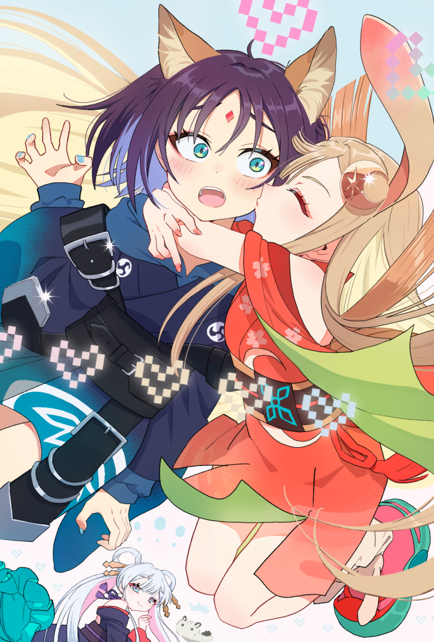 3girls, animal_ears, apmix, arms_around_neck, bare_shoulders, blonde_hair, blue_eyes, blue_hair