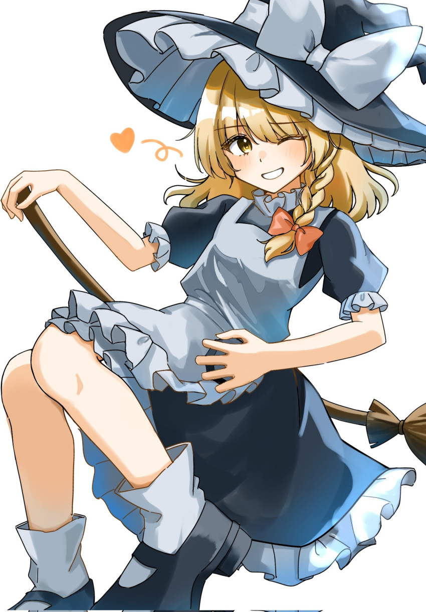 1girl, apron, black_dress, black_shoes, blonde_hair, blush, bow, braid, broom, broom_riding, commentary_request, corrupted_twitter_file, dress, embodiment_of_scarlet_devil, frilled_dress, frills, grin, hair_bow, hat, hat_bow, heart, highres, kirisame_marisa, marisa_day, mary_janes, one_eye_closed, puffy_short_sleeves, puffy_sleeves, red_bow, shoes, short_sleeves, side_braid, simple_background, single_braid, smile, socks, temmie_(temi_maru), touhou, white_apron, white_background, white_bow, white_socks, wink_heart, witch_hat, yellow_eyes