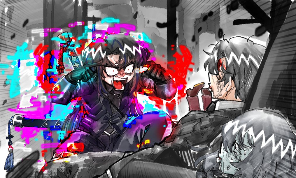 angry, belt, belt_buckle, black_gloves, black_hair, black_jacket, black_pants, brown_shoes, cape, carnage_onred, closed_jacket, coat, collared_shirt, dead, from_back, ghost, glitch, gloves, grey_background, grey_cape, grey_hair, index_finger_raised, leg_support, leg_up, legs, limbus_company, meme, messy_hair, open_eyes, open_mouth, pointing_at_self, profile, project_moon, red_pants, ryoshu_(project_moon), shoes, sidelocks, strap, tagme, think_mark_think!_(meme), v-shaped_eyebrows, v-shaped_eyes, wall, white_shirt, yi_sang_(project_moon)