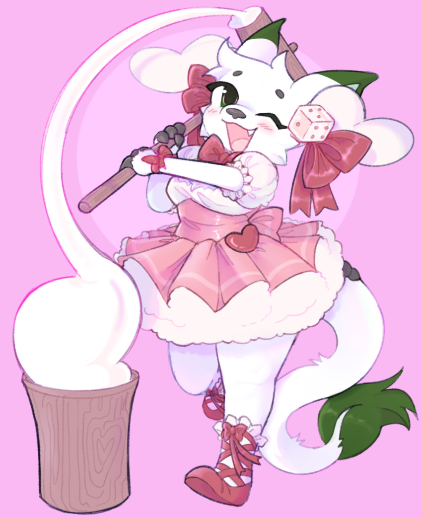 1boy, :d, ;d, animal_ears, blush, bori_(neopets), borrowed_character, bow, christmas_neopet, commentary, commission, cosplay, crossdressing, crossdressing_(mtf), di_gi_charat, dice_hair_ornament, east-west_crossover, english_commentary, fake_animal_ears, fang, full_body, furry, furry_male, green_eyes, hair_bow, hair_ornament, heart, highres, holding, holding_mallet, looking_at_viewer, male_focus, mallet, mochitsuki, neopet_(creature), neopets, one_eye_closed, original, pawberri, pink_background, pink_bow, pink_shoes, pink_skirt, shirt, shoes, simple_background, skirt, smile, solo, tail, trap, usada_hikaru, usada_hikaru_(cosplay), white_shirt