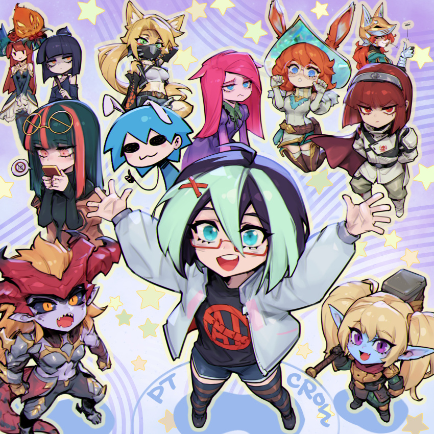 6+girls, :d, absurdres, aiko_(phantom_ix_row), arms_up, aurora_(league_of_legends), black_hair, black_shirt, black_shorts, black_thighhighs, blonde_hair, blush, character_request, dragon_girl, dragon_horns, dragon_tail, eyewear_on_head, fox_girl, furry, furry_female, glasses, hair_between_eyes, hair_ornament, hammer, hand_up, helldivers_(series), helmet, highres, holding, holding_hammer, horns, jacket, league_of_legends, long_hair, multicolored_hair, multiple_girls, my_little_pony, my_little_pony:_friendship_is_magic, navel, official_alternate_costume, orange_hair, original, personification, phantom_cross, pink_eyes, pink_hair, pinkie_pie, ponytail, poppy_(league_of_legends), rabbit_girl, red-framed_eyewear, red_eyes, red_hair, red_thighhighs, round_eyewear, semi-rimless_eyewear, shirt, short_hair, shorts, shyvana, smile, sparkle, stomach, striped_clothes, striped_thighhighs, tail, thigh-highs, twintails, two-tone_hair, uf-16_inspector_(helldivers), white_jacket, x_hair_ornament, yordle