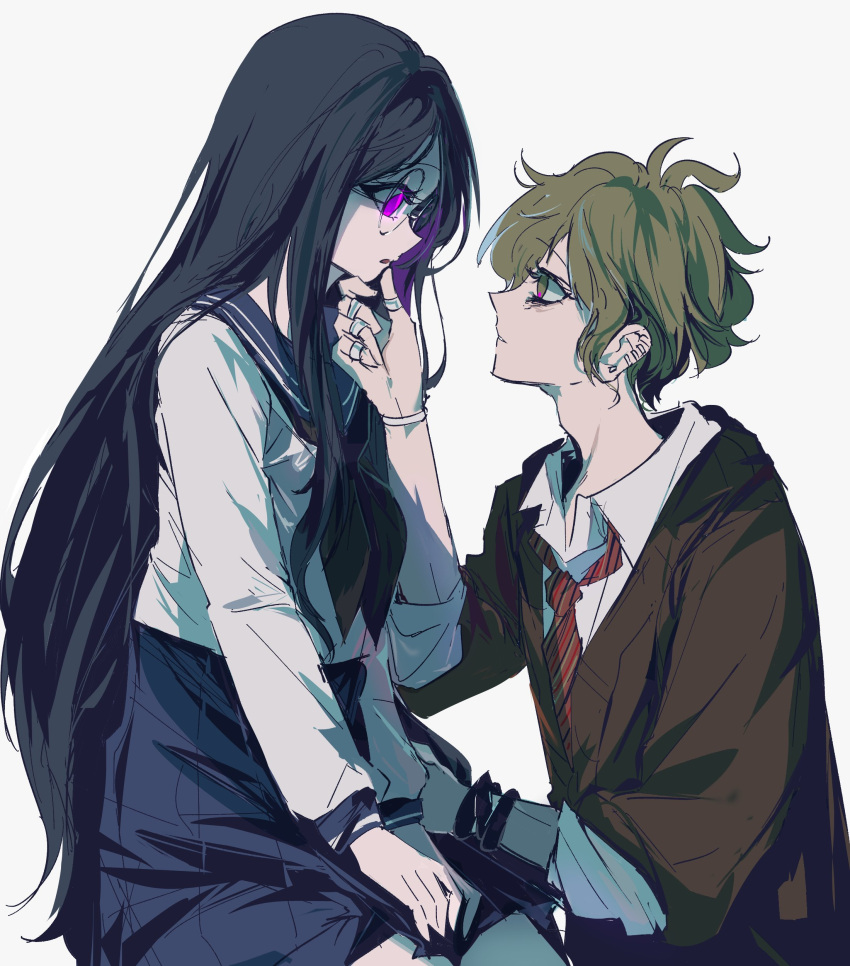 1boy, 1girl, absurdres, alternate_eye_color, amami_rantaro, antenna_hair, black_neckerchief, blue_hair