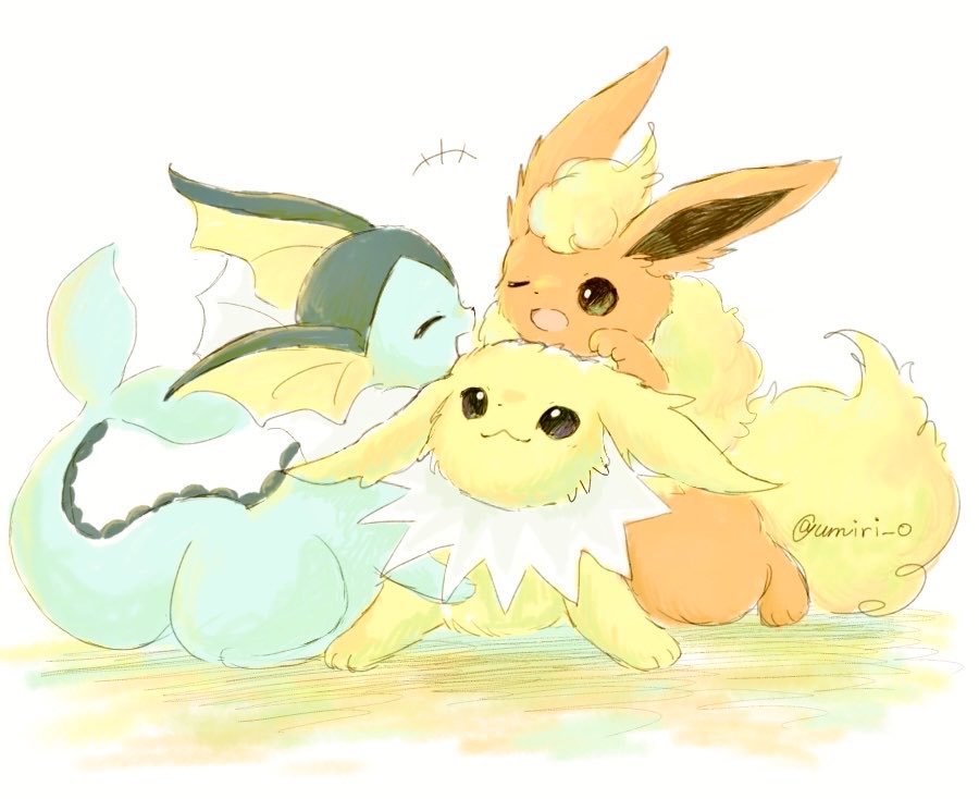 black_eyes, brown_eyes, closed_mouth, commentary_request, flareon, jolteon, lying, no_humans, open_mouth, pokemon, pokemon_(creature), pokemon_focus, rioon_fish, smile, tail, twitter_username, vaporeon