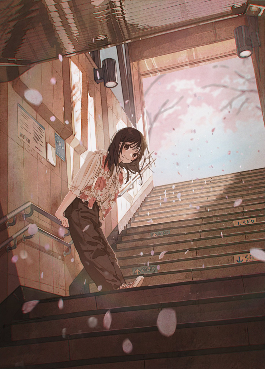 1girl, against_railing, black_pants, brown_eyes, brown_hair, cherry_blossoms, day, floral_print