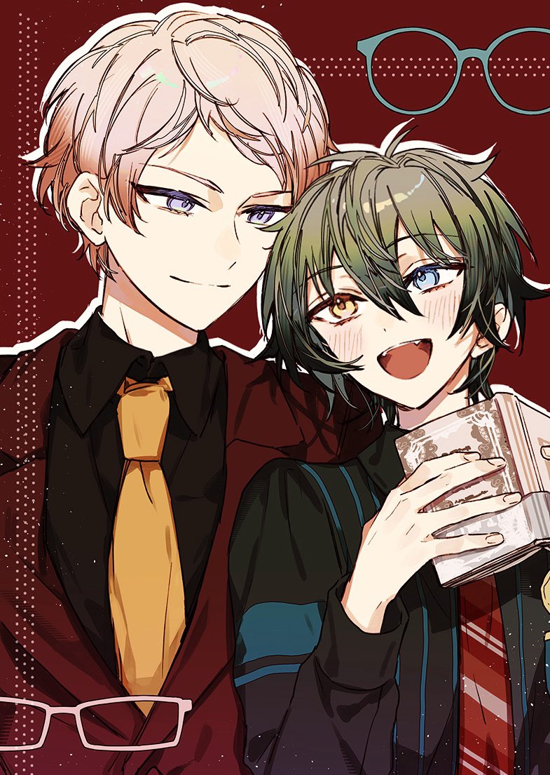 2boys, amanemio2, blue_eyes, blush, book, closed_mouth, collared_shirt, commentary