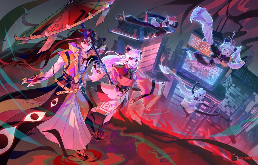1boy, 2girls, 2others, absurdres, animal_ears, black_hair, city, commentary