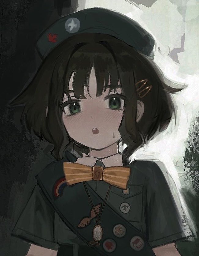 1girl, :o, badge, beret, bow, bowtie, breast_pocket, brown_hair