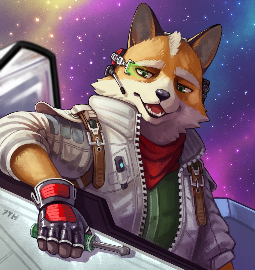 1boy, 7th_art_forge, animal_ears, artist_name, arwing, black_gloves, bodysuit, cockpit