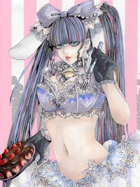 acrylic_paint_(medium), aikawa_nisei, alternate_hairstyle, animal_ears, bangs, bell, blunt_bangs, bow, bra, bunny_ears, cake, choker, crop_top, flower, food, fork, frills, gloves, gothic_lolita, green_eyes, holding, holding_fork, lace, lingerie, lips, lolita_fashion, marker_(medium), midriff, multicolored_hair, navel, panty_&amp;_stocking_with_garterbelt, rose, solo, stocking_(character), stocking_(psg), striped, striped_background, sweets, traditional_media, twintails, two-tone_hair, underwear