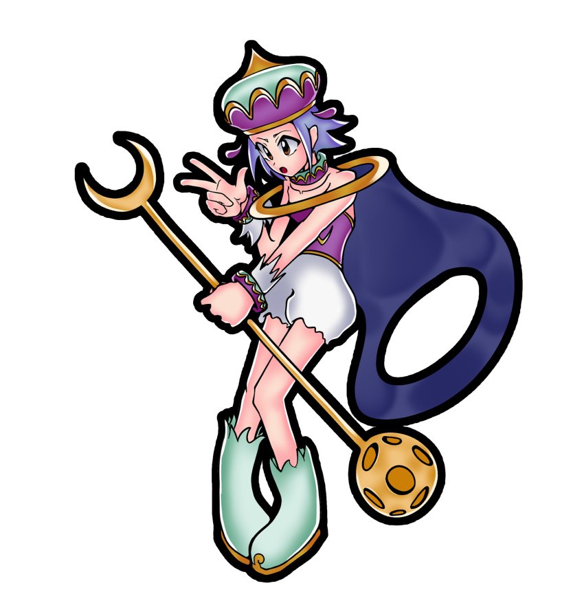 1girl, angol_mois_(angol_form), bare_shoulders, blue_hair, boots, brown_eyes, choker, collarbone, detached_cape, english_commentary, full_body, green_boots, highres, holding, holding_staff, justanormalnobody, keroro_gunsou, open_mouth, puffy_short_sleeves, puffy_sleeves, short_hair, short_sleeves, shorts, sleeveless, solo, staff, v, white_background, white_shorts