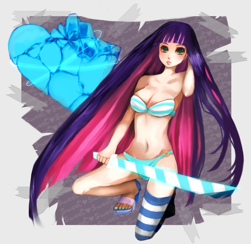 adjusting_hair, asymmetrical_clothes, asymmetrical_clothing, bad_feet, bandeau, bra, breasts, cleavage, error, green_eyes, heart, kneeling, lingerie, long_hair, momoiro_gingham, multicolored_hair, nail_polish, navel, o-ring_bottom, one_knee, panties, panty_&amp;_stocking_with_garterbelt, sandals, single_thighhigh, solo, star, star-shaped_pupils, stocking_(character), stocking_(psg), symbol-shaped_pupils, thighhighs, two-tone_hair, underwear, underwear_only, very_long_hair