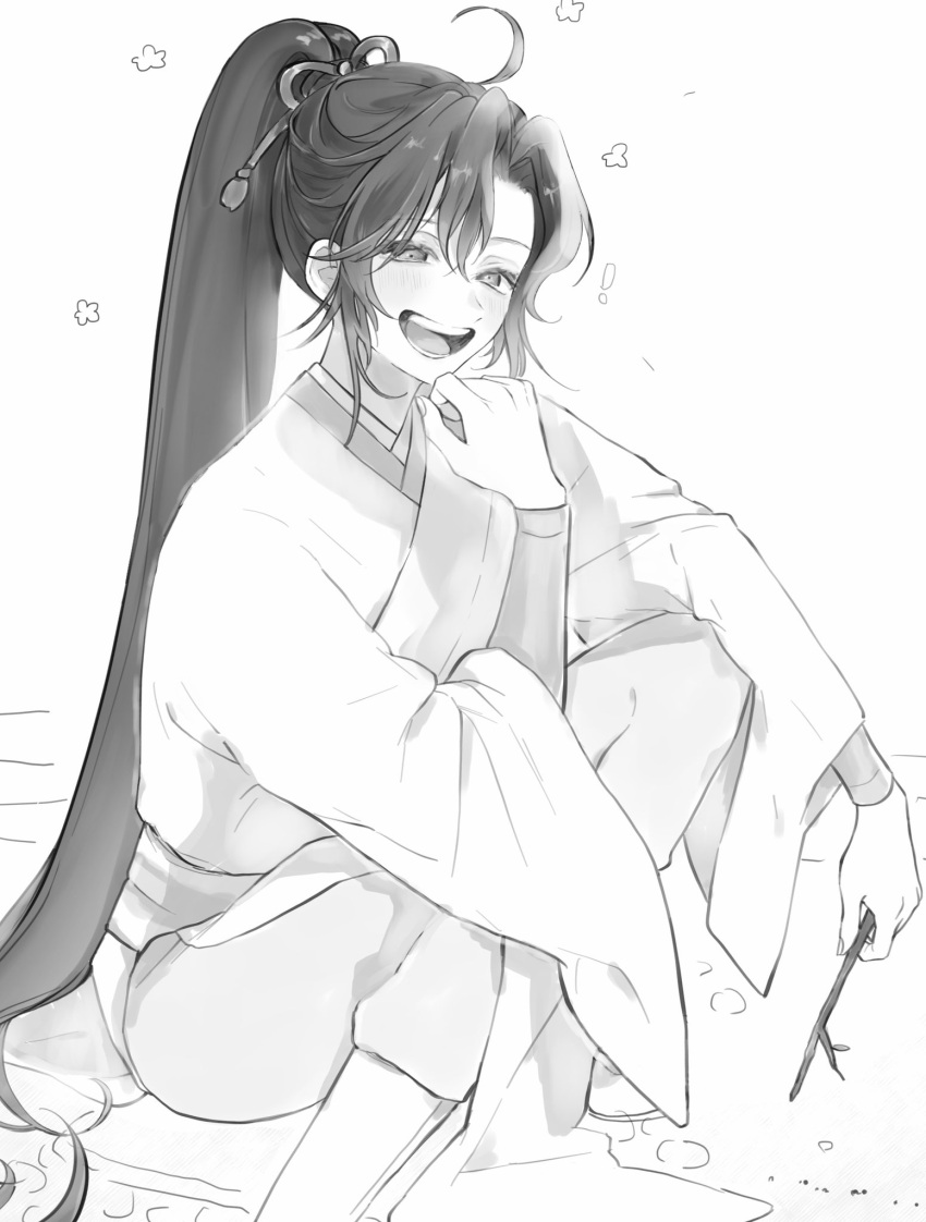 1boy, :d, ahoge, androgynous, blush, boots, chinese_clothes, flower