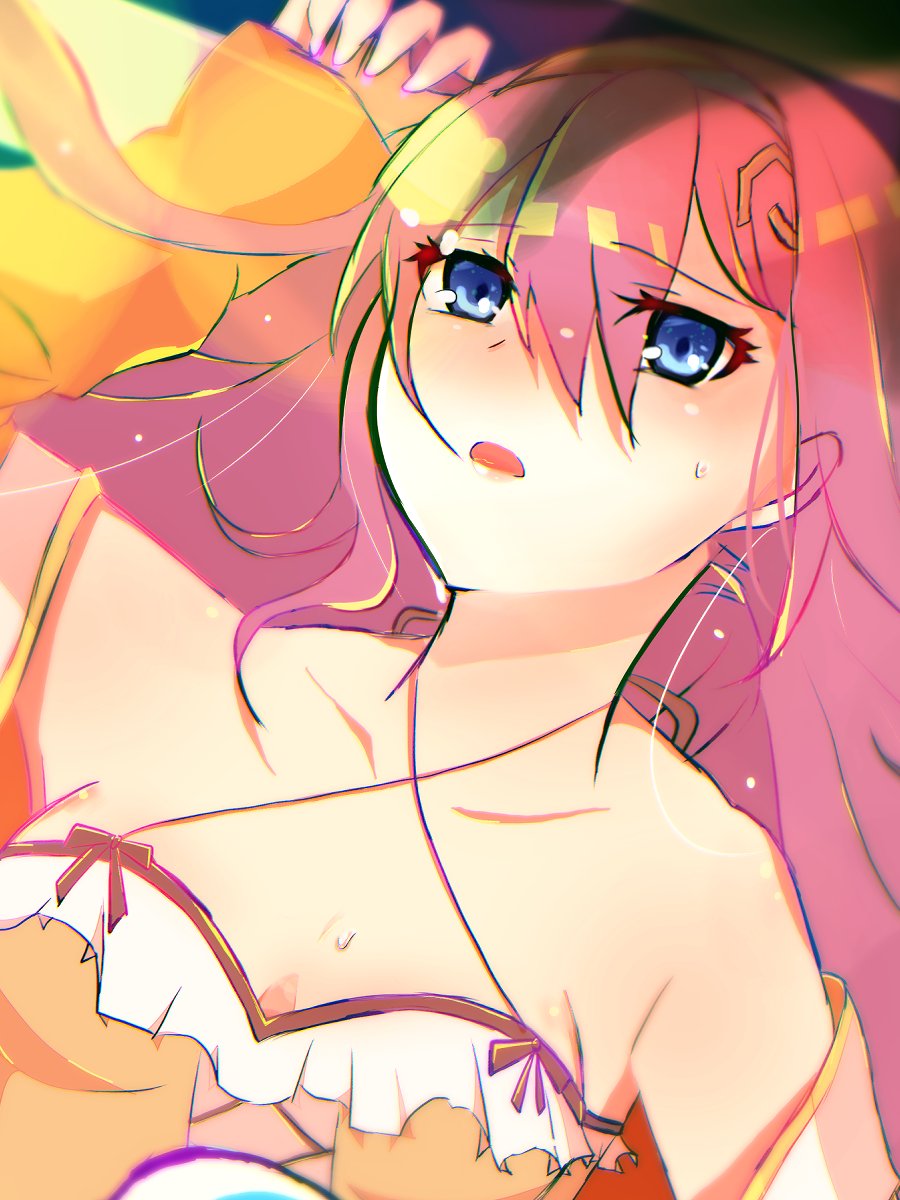 1girl, blue_eyes, blush, breasts, commentary_request, emika44kiyo, highres, long_hair, official_alternate_costume, pink_hair, priscilla_(rune_factory), rune_factory, rune_factory_5, small_breasts, solo, sweat, swimsuit