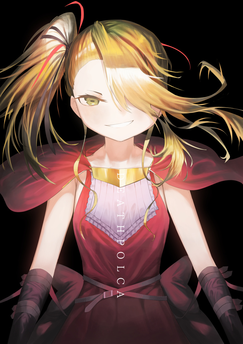 1girl, absurdres, back_bow, bandages, bare_shoulders, belt, black_background, blonde_hair