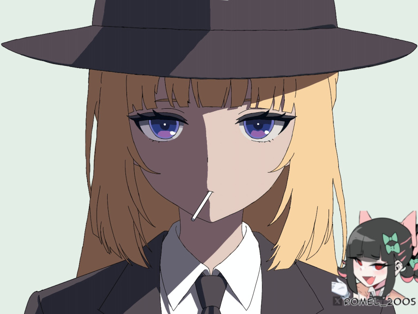 1girl, black_hat, black_jacket, black_necktie, blonde_hair, cigarette, commentary, cosplay