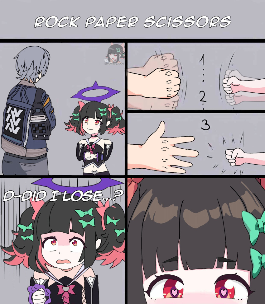 1boy, 1girl, black_hair, bow, commentary, english_commentary, english_text, green_bow, grey_hair, hair_bow, heart, heart_in_eye, highres, nangong_yu, red_eyes, rock_paper_scissors, romel_2005, self-upload, short_hair, symbol_in_eye, wise_(zenless_zone_zero), zenless_zone_zero