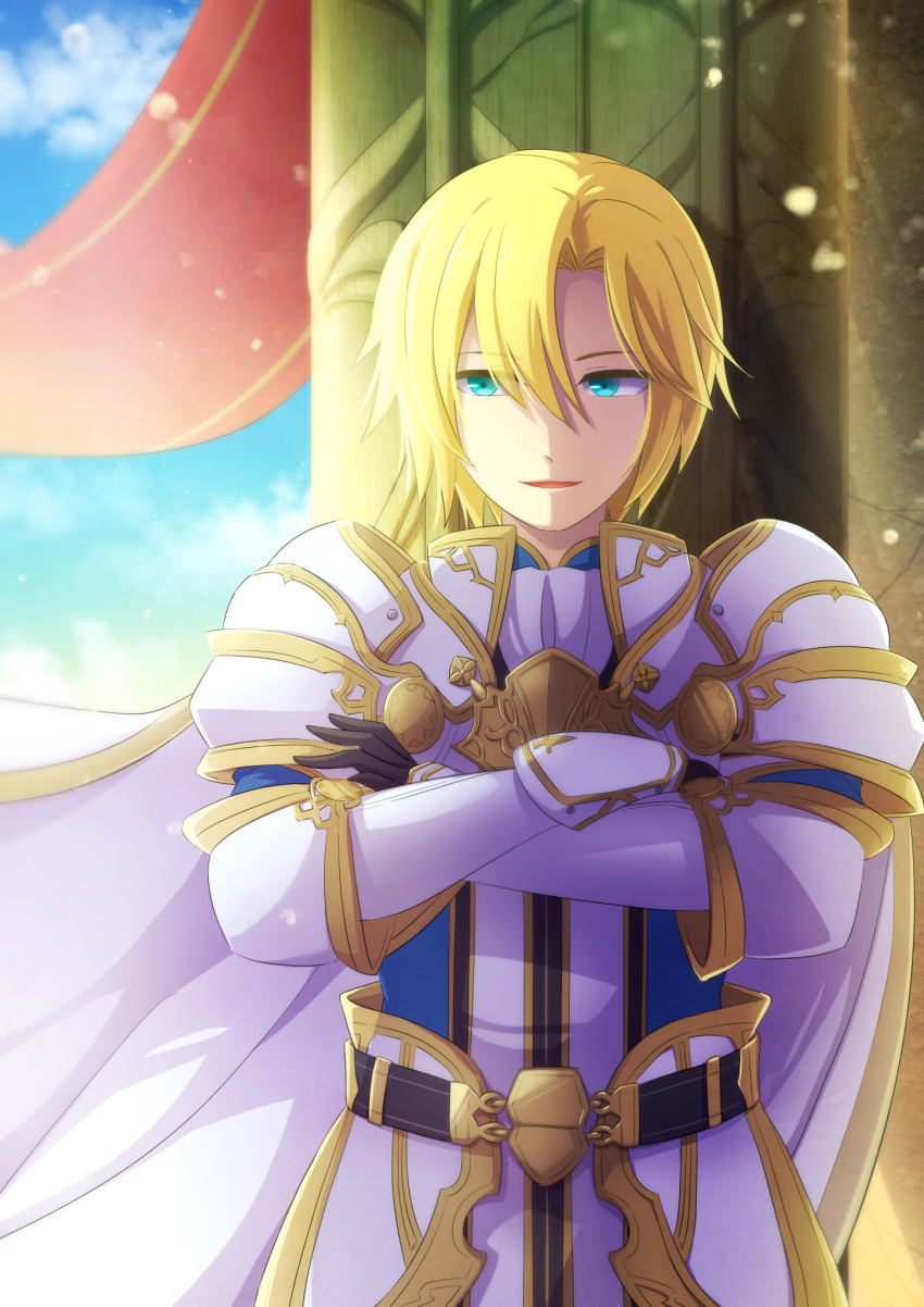 armor, blonde_hair, blue_eyes, cape, crossed_arms, highres, klaus_(stella_glow), male_focus