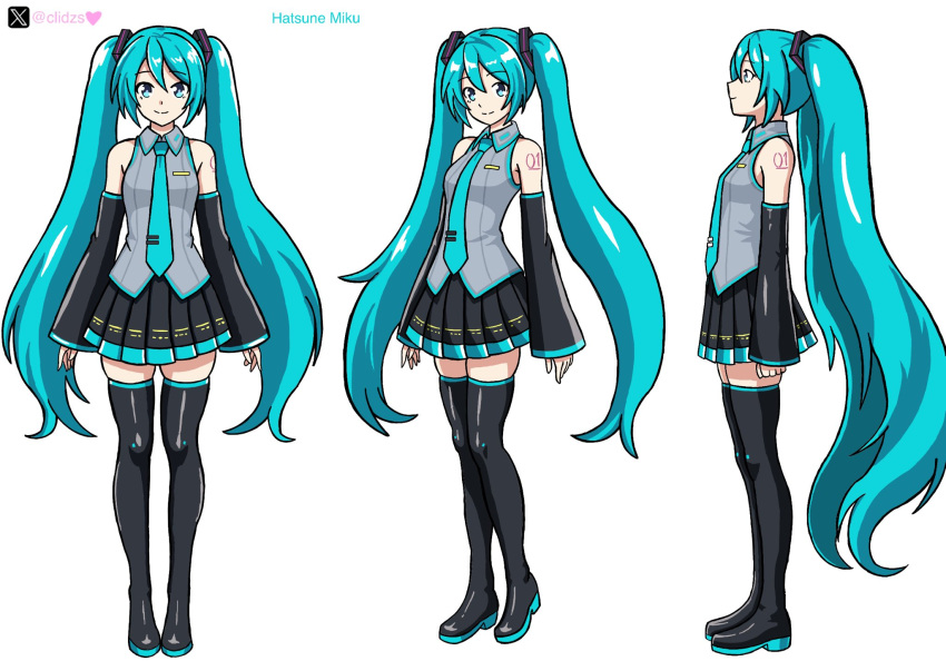 1girl, aqua_eyes, aqua_hair, aqua_necktie, aqua_trim, artist_name, bare_shoulders, black_boots, black_skirt, black_sleeves, boots, character_name, clidzs, detached_sleeves, english_commentary, full_body, grey_shirt, hair_between_eyes, hair_ornament, hatsune_miku, heart, highres, long_hair, looking_at_viewer, looking_to_the_side, necktie, number_tattoo, pleated_skirt, reference_sheet, shirt, shoulder_tattoo, skindentation, skirt, sleeves_past_wrists, tattoo, thigh_boots, tie_clip, twintails, twitter_username, twitter_x_logo, very_long_hair, vocaloid, white_background, wide_sleeves, wing_collar, zettai_ryouiki