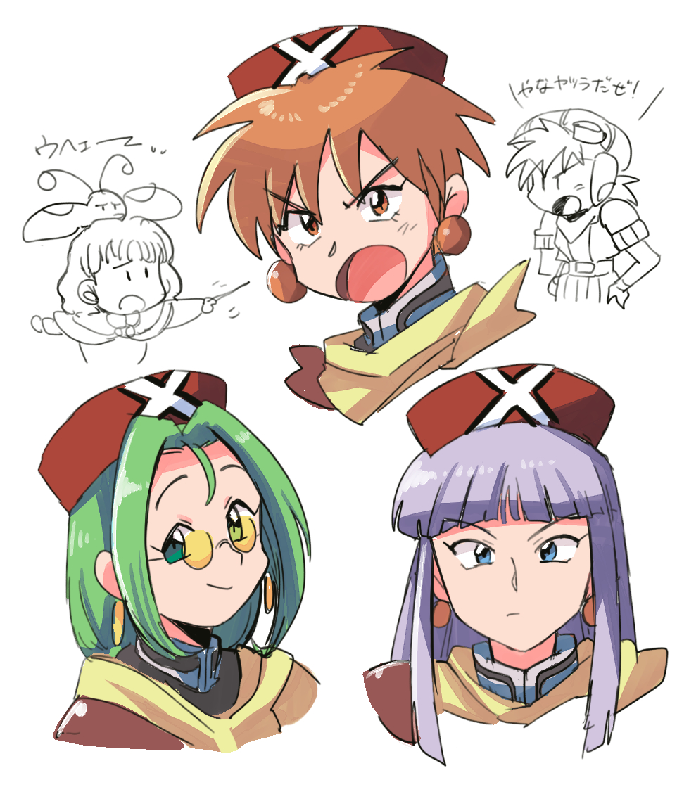 1boy, 4girls, blue_eyes, chibi, closed_mouth, commentary_request, cousins, creature_on_head