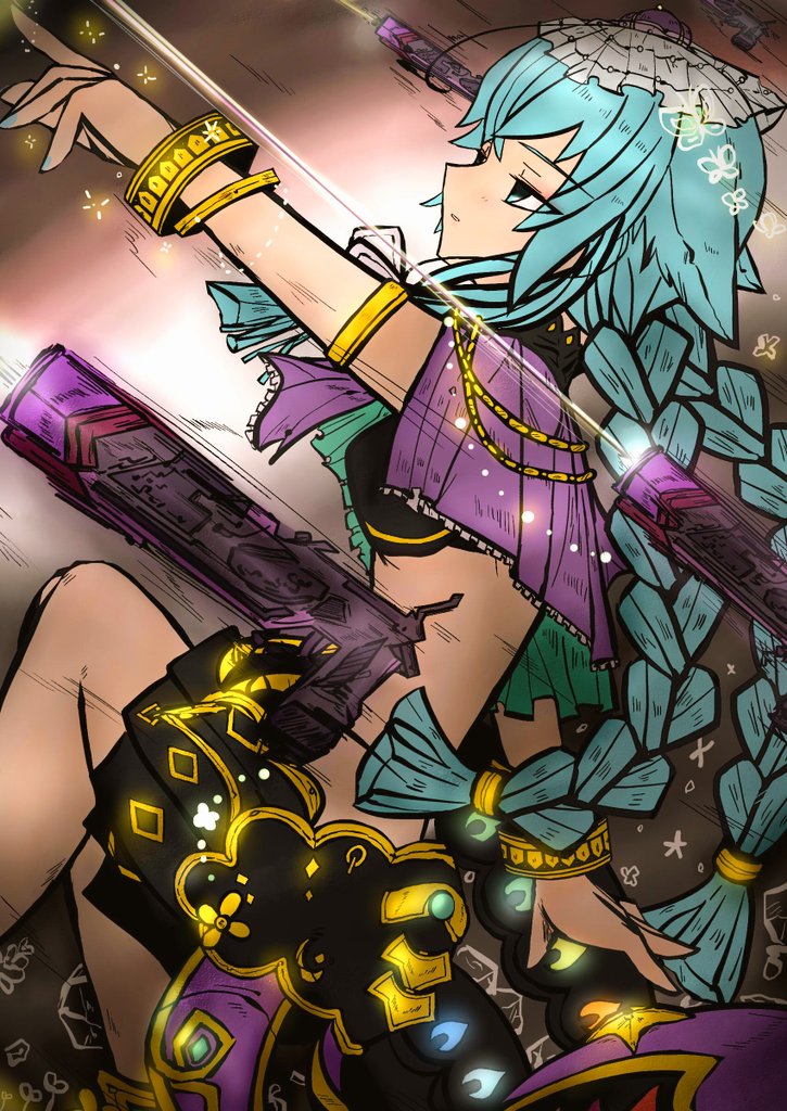 1girl, blue_eyes, blue_hair, bracelet, braid, breasts, capelet, floating_gun