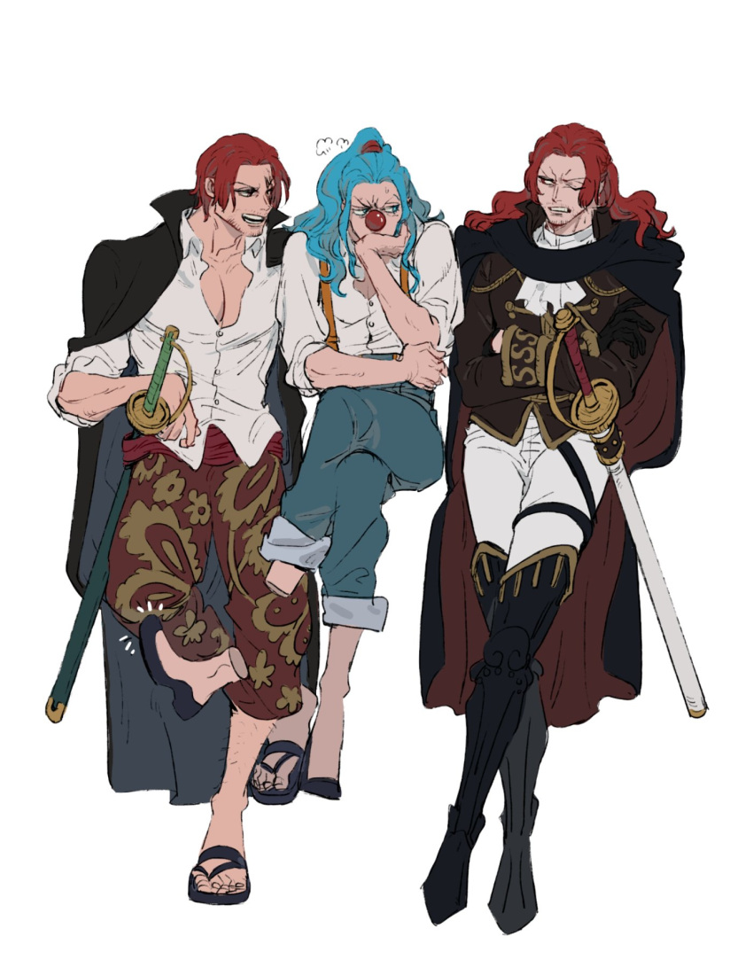 3boys, black_coat, blue_hair, boots, brothers, buggy_the_clown, clown_nose, coat