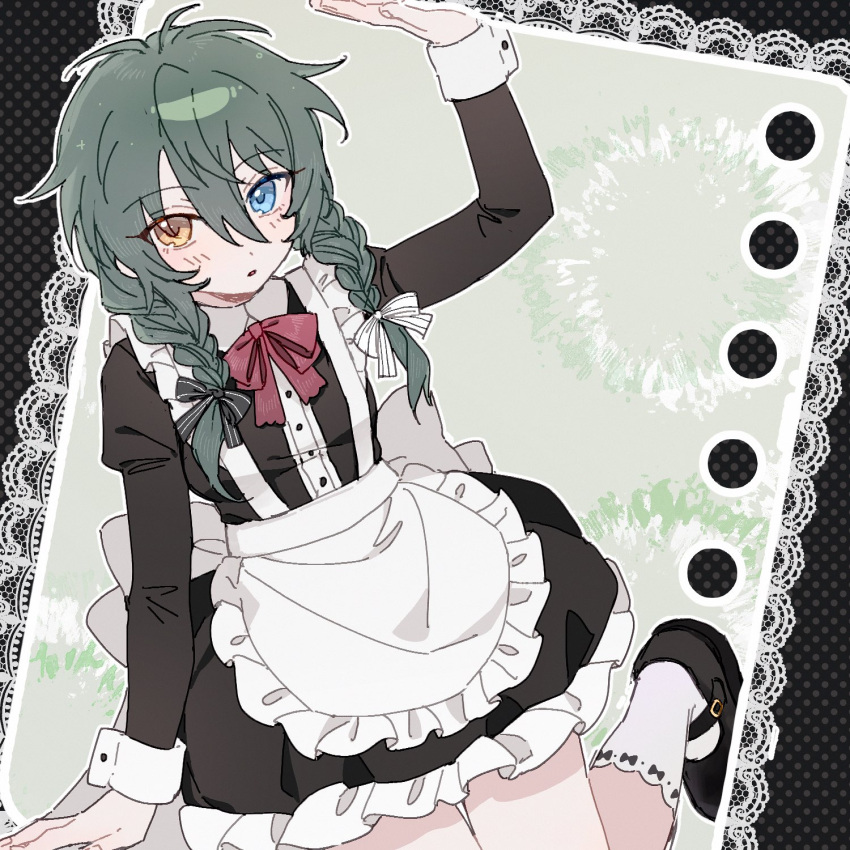 1girl, apron, aqua_eyes, back_bow, black_bow, black_dress, black_shoes, border