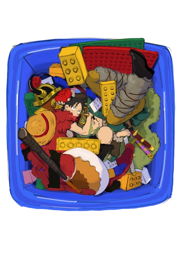 2boys, 7nawon, arm_around_neck, axe, black_hair, cape, commentary, from_above, full_body, fur_cape, fur_leg_warmers, green_cape, green_hair, hand_on_another's_head, hat, hat_on_back, hug, hug_from_behind, katana, leg_warmers, lego, lego_brick, male_focus, monkey_d._luffy, multiple_boys, official_alternate_costume, one_piece, red_cape, roronoa_zoro, sheath, sheathed, short_hair, straw_hat, sword, weapon