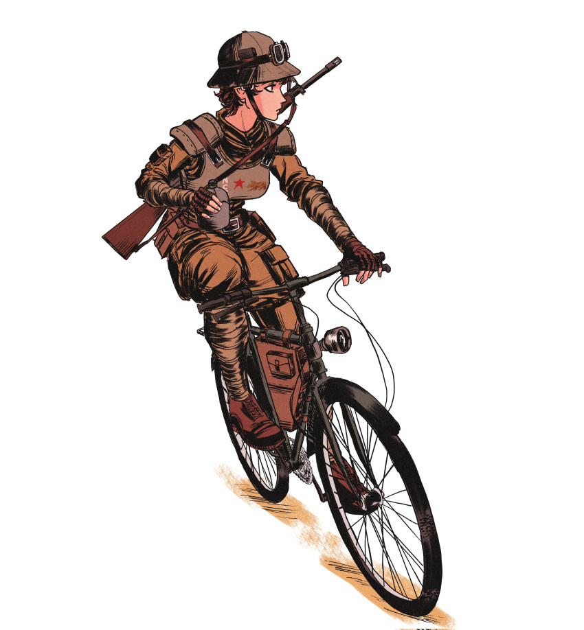 1girl, absurdres, arm_wrap, bicycle, body_armor, boots, breasts, brown_boots