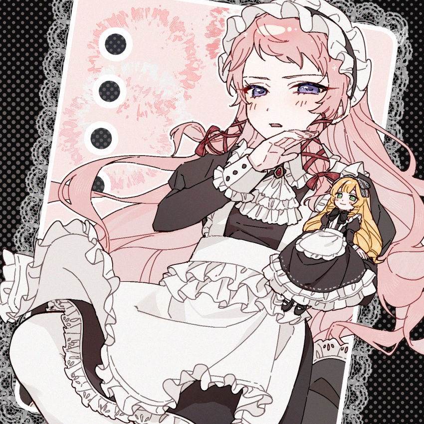 1girl, apron, ascot, black_dress, blonde_hair, border, collared_dress, cowboy_shot, doll, dress, ensemble_stars!, frilled_apron, frilled_dress, frilled_sleeves, frills, gem, genderswap, genderswap_(mtf), hair_ribbon, hairband, hand_up, highres, holding, holding_doll, iiilovesleeping, itsuki_shu, juliet_sleeves, lace, lace-trimmed_dress, lace_border, lace_trim, lolita_hairband, long_hair, long_sleeves, looking_at_viewer, low-tied_sidelocks, mademoiselle_(ensemble_stars!), open_mouth, ornate_border, outside_border, pink_background, pink_hair, puffy_sleeves, red_gem, red_ribbon, ribbon, short_bangs, sidelocks, solo, violet_eyes, waist_apron, white_ascot