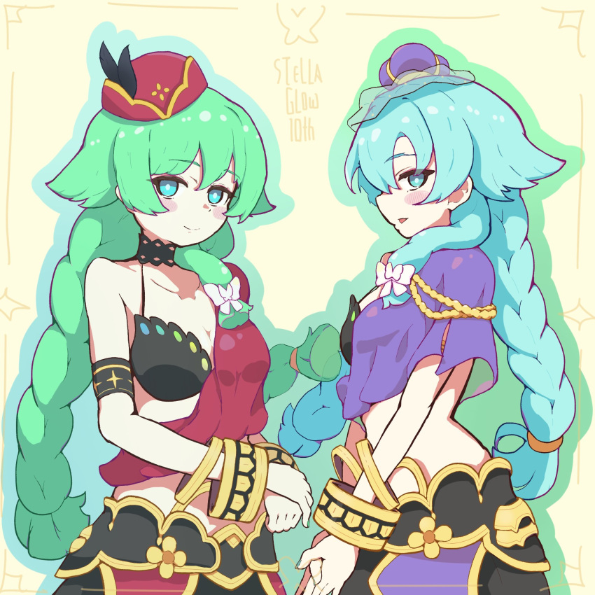 2girls, blue_hair, blush, bracelet, braid, capelet, gold_bracelet, green_hair