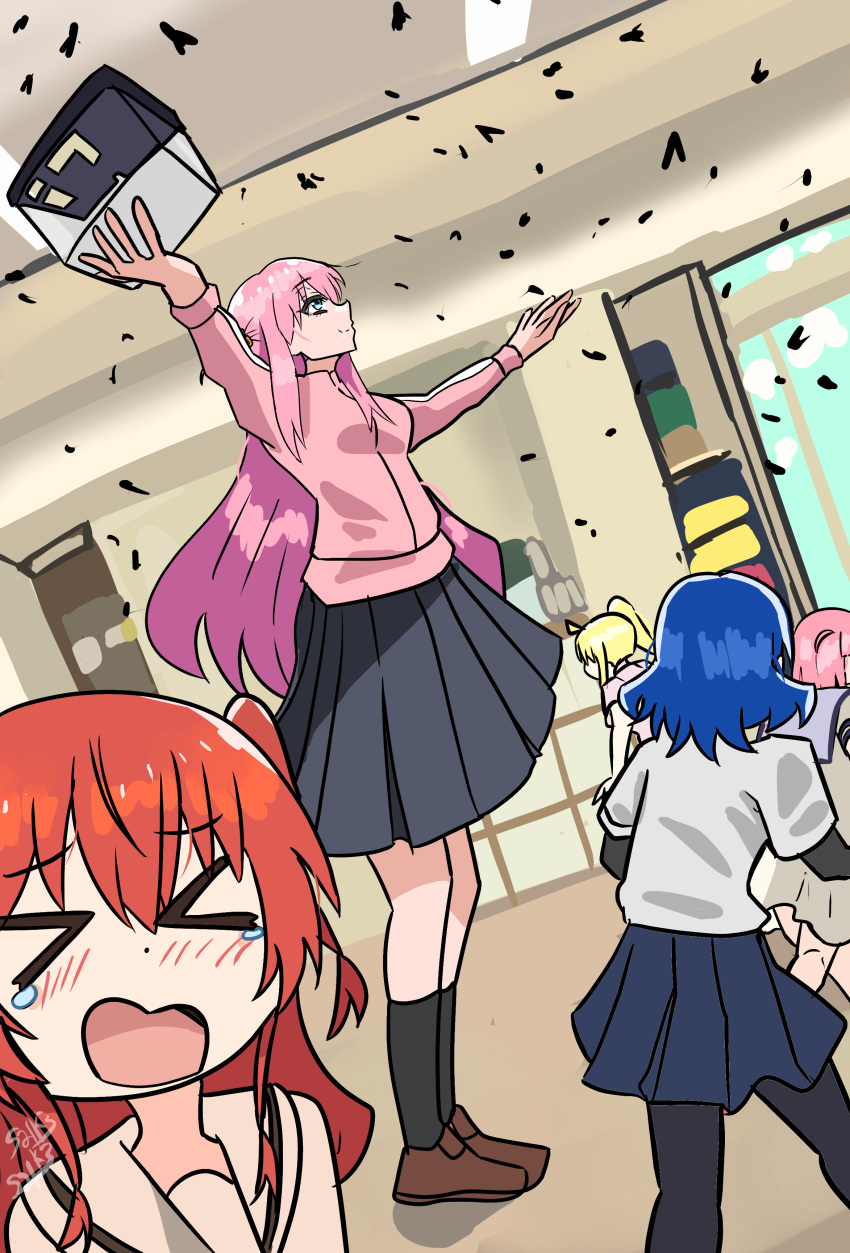 >_<, absurdres, bocchi_the_rock!, bug, grasshopper, highres, hitori_bocchi, ijichi_nijika, kita_ikuyo, korean_kindergarten_grasshopper_spill, meme, open_mouth, outstretched_arms, panicking, pink_hair, red_hair, running, skirt, standing, tearing_up, totsuka_saika_(totsukasaika59), yamada_ryo