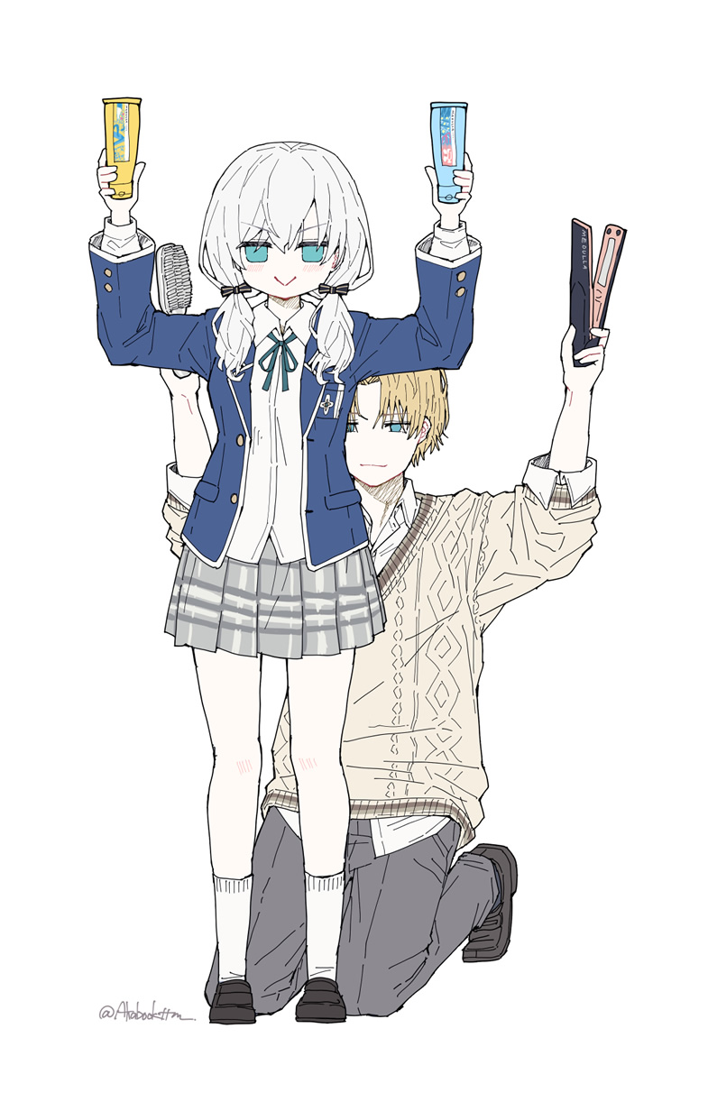 1boy, 1girl, aran_sweater, arms_up, ars_almal, ars_almal_(4th_costume), blazer, blonde_hair