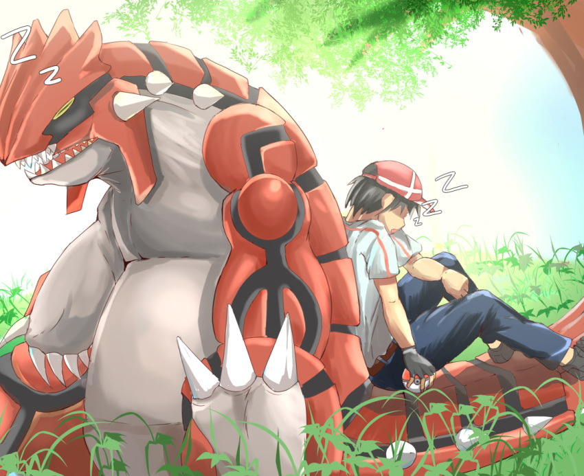 closed_eyes, day, fingerless_gloves, gloves, groudon, hat, on_tail, outdoors, poke_ball, pokemon, pokemon_(creature), red_hat, rutanda4, sharp_teeth, short_hair, sitting, sleeping, teeth, zzz