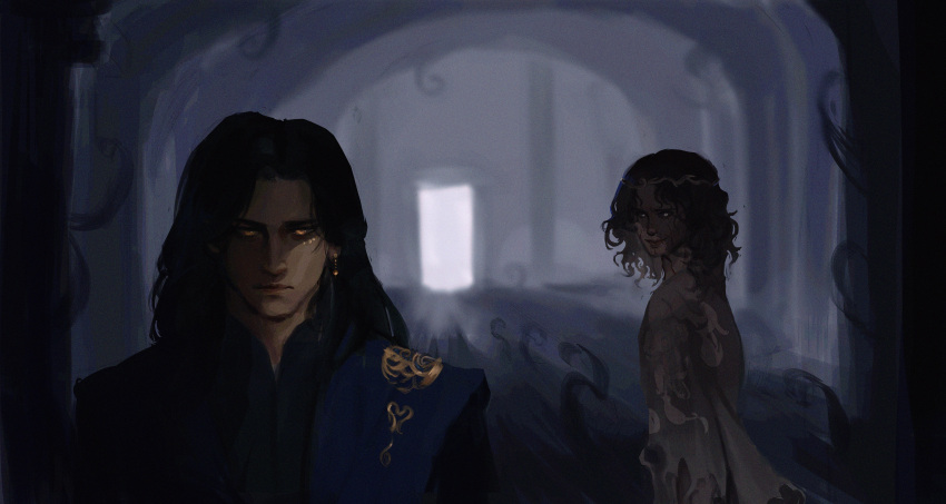 2boys, absurdres, asterion_(shadow_slave), black_hair, blue_jacket, blue_shirt, canon_event, commentary