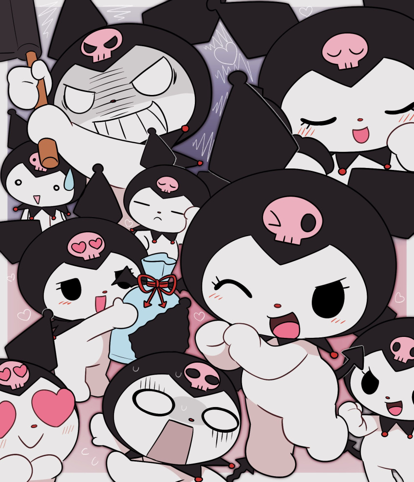 1girl, :d, ;d, anannin, animal_ears, bag, black_eyes, blank_eyes, blush, border, chibi, chibi_only, chibikemo, clenched_hand, closed_eyes, demon_tail, evil_grin, evil_smile, furry, furry_female, grin, hands_on_own_face, heart, heart-shaped_eyes, heart_hands, highres, holding, holding_bag, kuromi, multiple_views, my_melody_(series), o_o, one_eye_closed, onegai_my_melody, outside_border, rabbit_ears, rabbit_girl, sanrio, scared, scene_reference, shaded_face, skull, smile, solid_oval_eyes, sweat, sweatdrop, tail, u_u, white_border