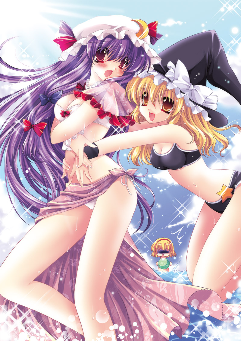 3girls, :d, alice_margatroid, bare_legs, bikini, blonde_hair, blush, bow