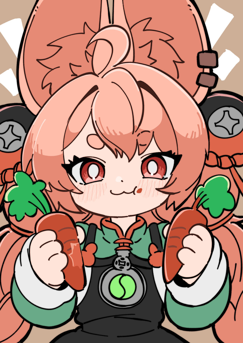 1girl, :3, absurdres, ahoge, anannin, animal_ear_fluff, animal_ear_piercing, animal_ears, blush, braid, bright_pupils, carrot, eating, food, furry, furry_female, highres, holding, holding_food, long_hair, looking_at_viewer, pink_fur, pink_hair, rabbit_ears, rabbit_girl, red_eyes, short_eyebrows, solo, thick_eyebrows, twin_braids, upper_body, white_pupils, zenless_zone_zero, zhao_(zenless_zone_zero)