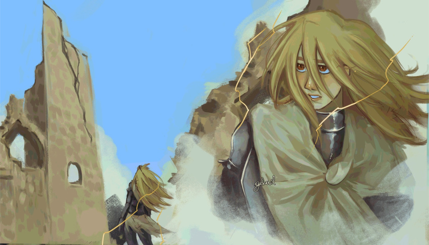 1girl, armor, blonde_hair, building, capelet, commentary, day, english_commentary