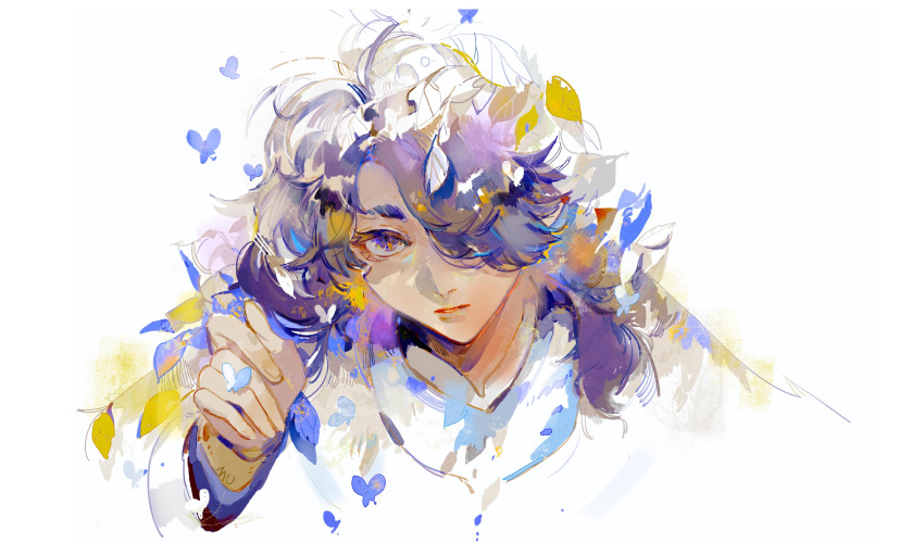 1boy, autumn_leaves, black_hair, bug, butterfly, fengxi_(the_legend_of_luo_xiaohei), hair_over_one_eye, hand_up