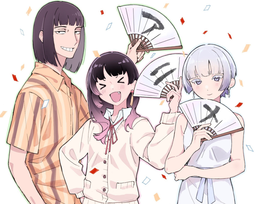 >_<, 1boy, 2girls, :d, akane-banashi, black_hair, blush, closed_eyes
