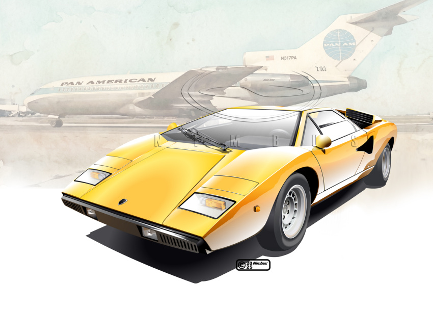 2025, aircraft, airplane, airplane_wing, airport, american_flag, artist_name, blue_sky, boeing_727, car, commentary_request, copyright_notice, dated, jet_airliner, lamborghini, lamborghini_countach, landing_gear, logo, motor_vehicle, nimbus_goldbrum, no_humans, original, outdoors, pan_american_world_airways, realistic, runway, shadow, sky, sports_car, steering_wheel, vehicle_focus, watermark