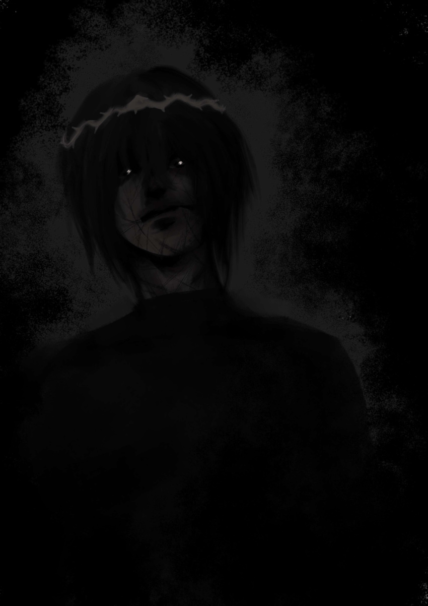 1boy, absurdres, commentary, crown_of_thorns, dark, english_commentary, evil_smile, eyes_in_shadow