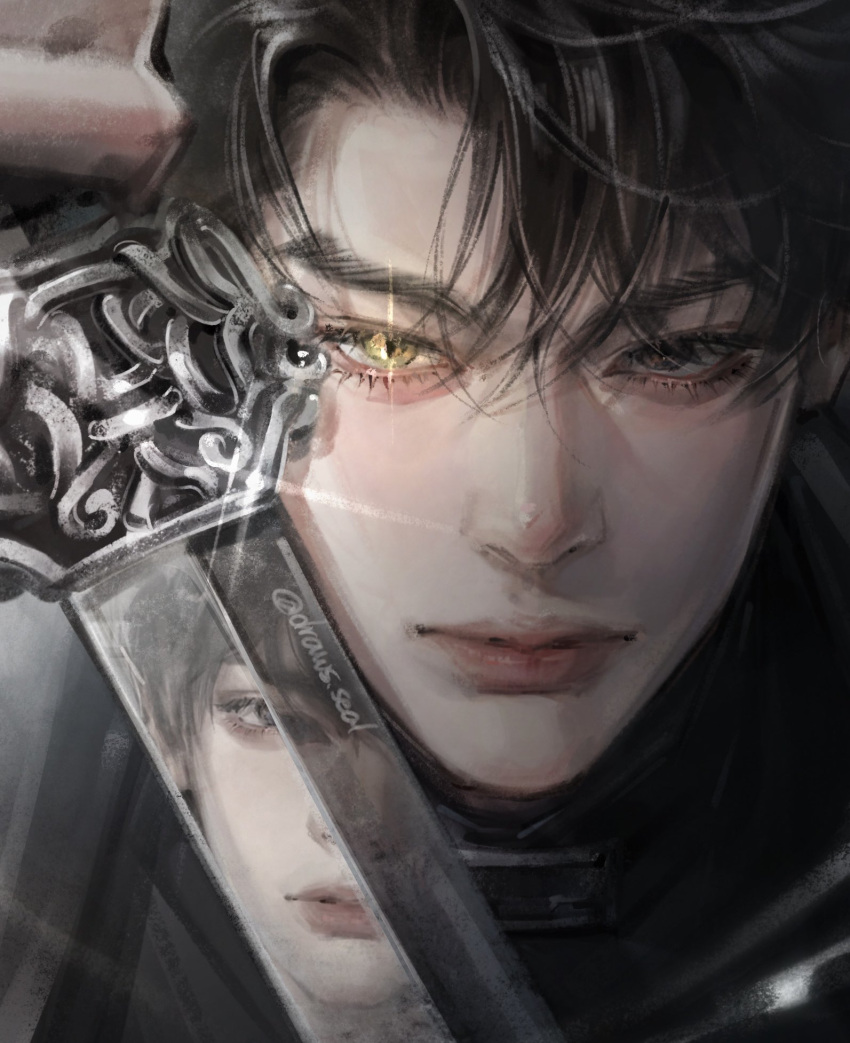 2boys, aegyo_sal, belt_collar, black_coat, black_eyes, black_hair, black_shirt, coat