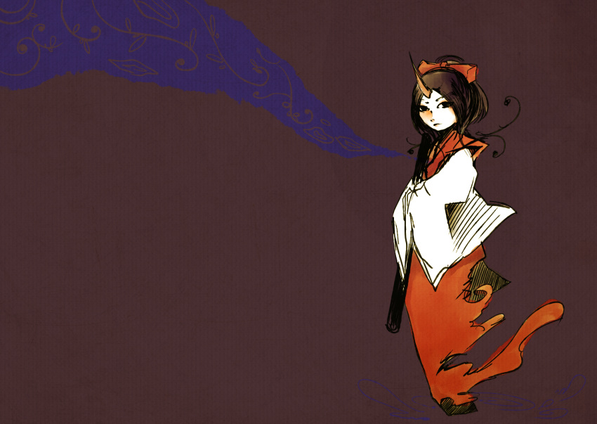 bow, brown_hair, hair_bow, hands_in_sleeves, highres, horn, japanese_clothes, kataginu, kimono, konngara, long_hair, ponytail, solo, sword, teent0wn, touhou, touhou_(pc-98), weapon, wide_sleeves
