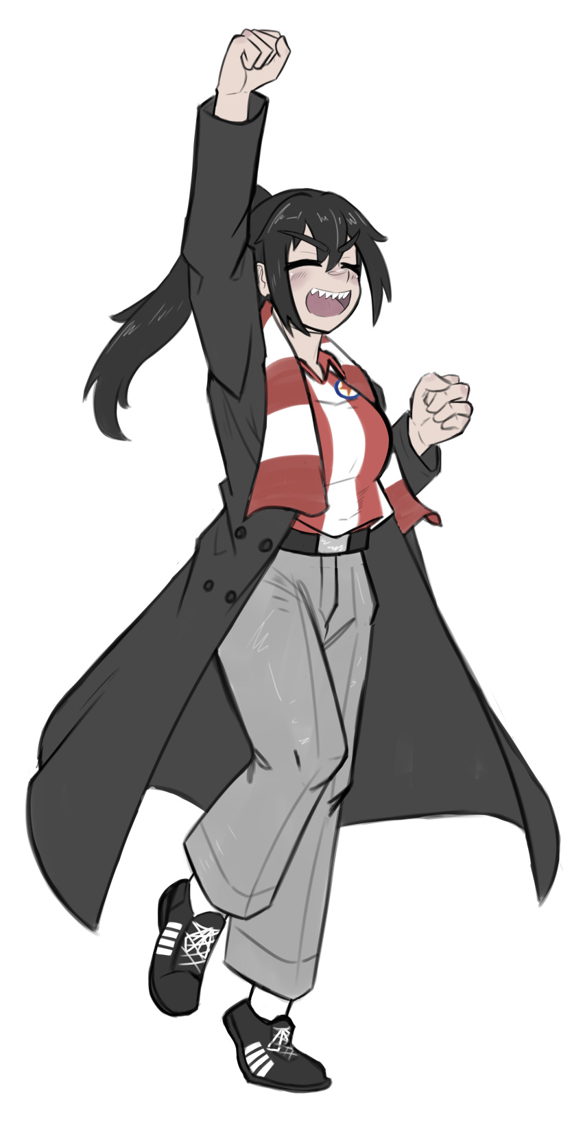 1girl, absurdres, belt, belt_buckle, black_belt, black_coat, black_hair, black_shoes
