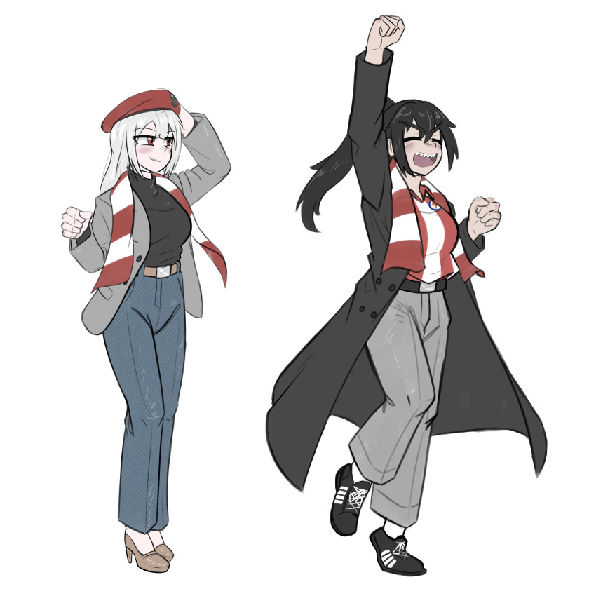 2girls, absurdres, adapted_costume, belt, beret, black_belt, black_coat, black_hair