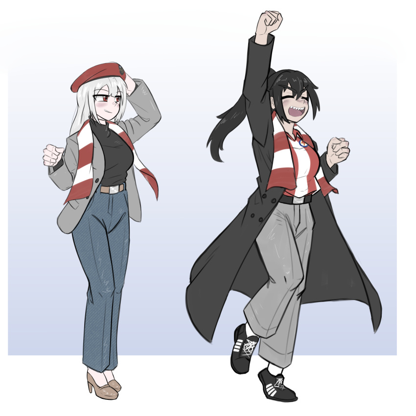 2girls, absurdres, adapted_costume, belt, beret, black_belt, black_coat, black_hair